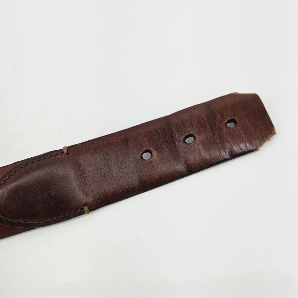 Columbia Mens Brown Leather Belt Woven Tapestry Inlay Modified Cut Tip Size 38